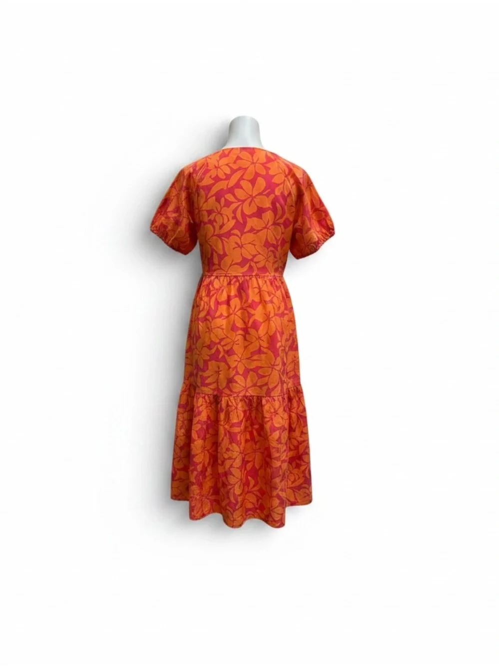 J.Crew Size 6 Orange Pink Tropical Floral Tiered Puff Sleeve Midi Dress Pockets